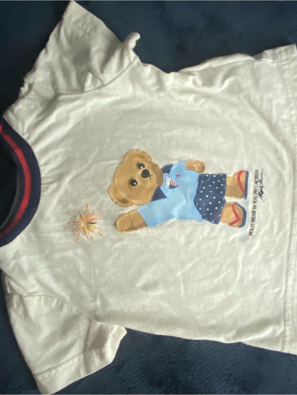 Ralph Lauren White Tee with Polo Bear in Blue Jacket 3 months